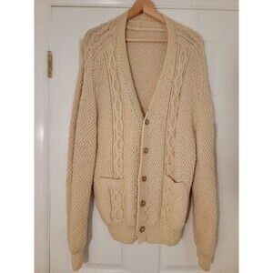 Handknit Wool Fisherman Cable‎ Mens Cardigan Pockets Grandpa Sweater XL handmade